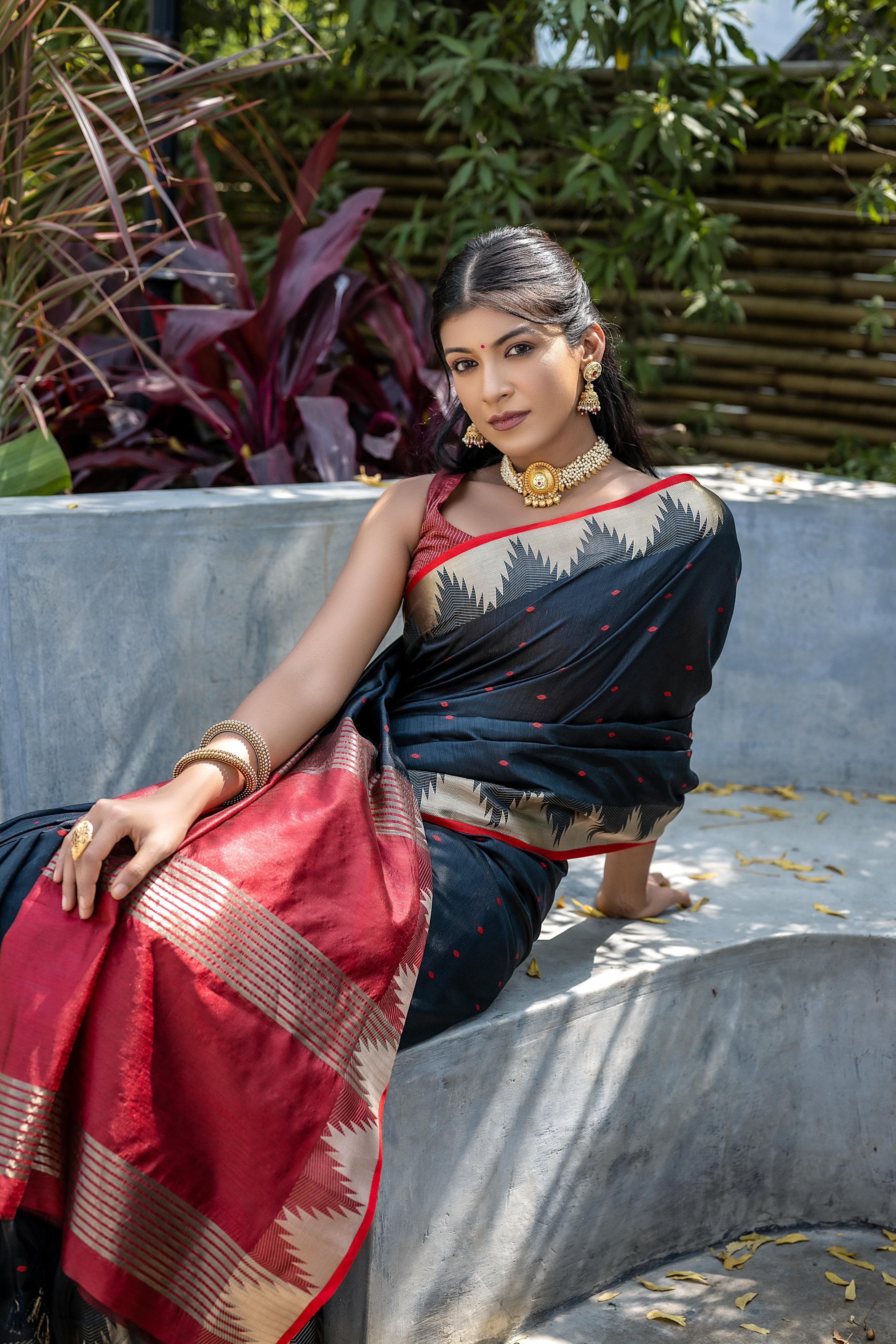 Elisha Pyramid Semi Tussar Silk Saree with Temple Border