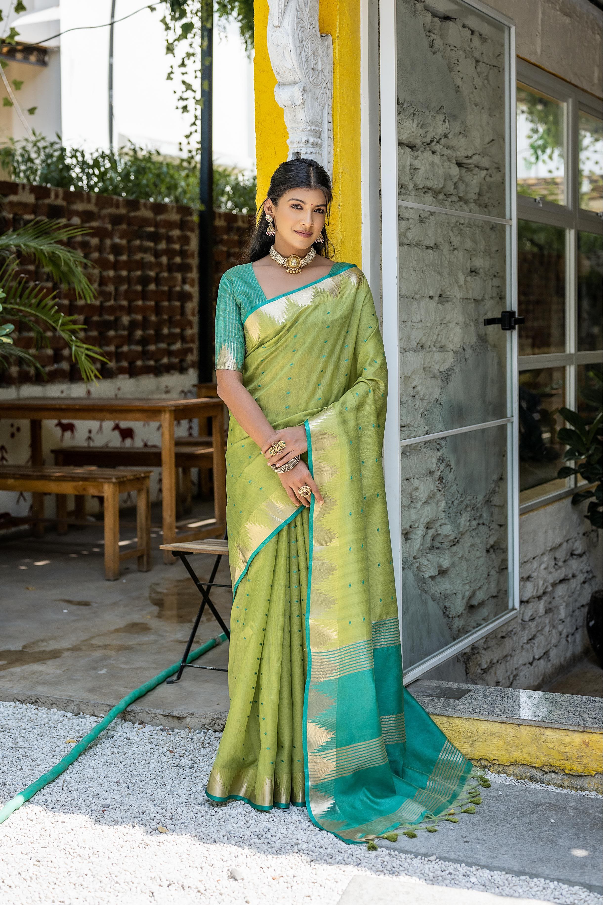 Elisha Pyramid Semi Tussar Silk Saree with Temple Border