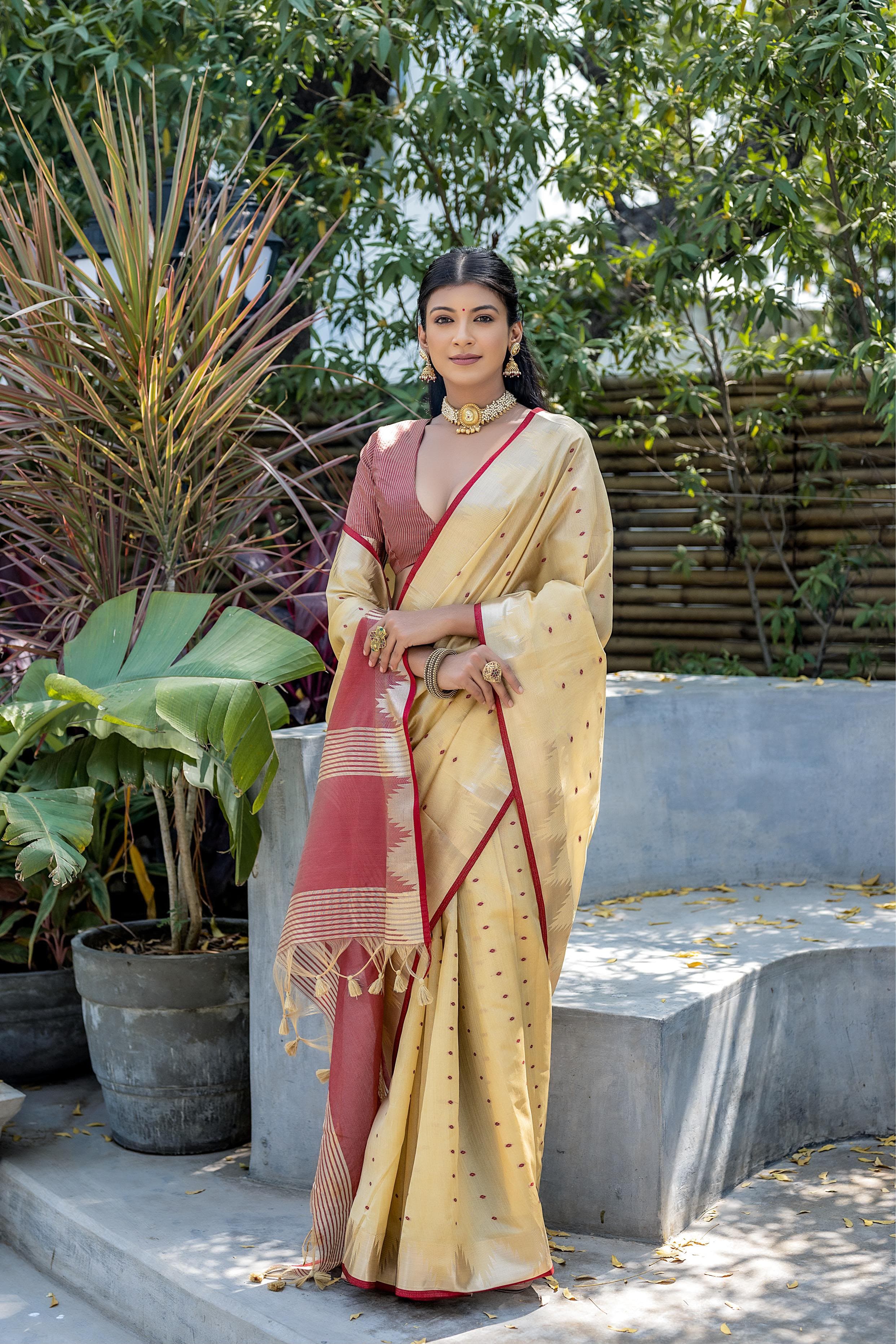 Elisha Pyramid Semi Tussar Silk Saree with Temple Border