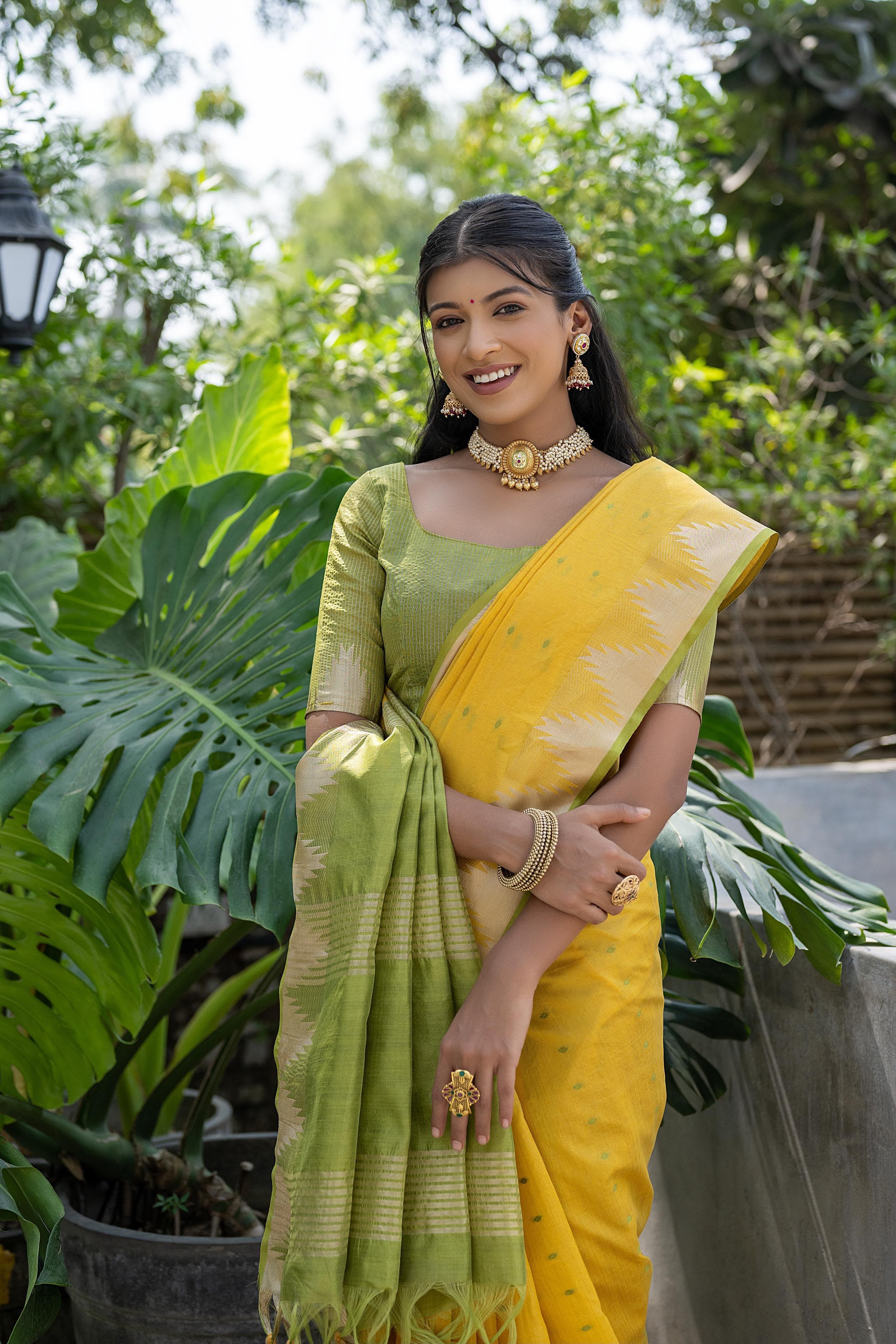 Elisha Pyramid Semi Tussar Silk Saree with Temple Border