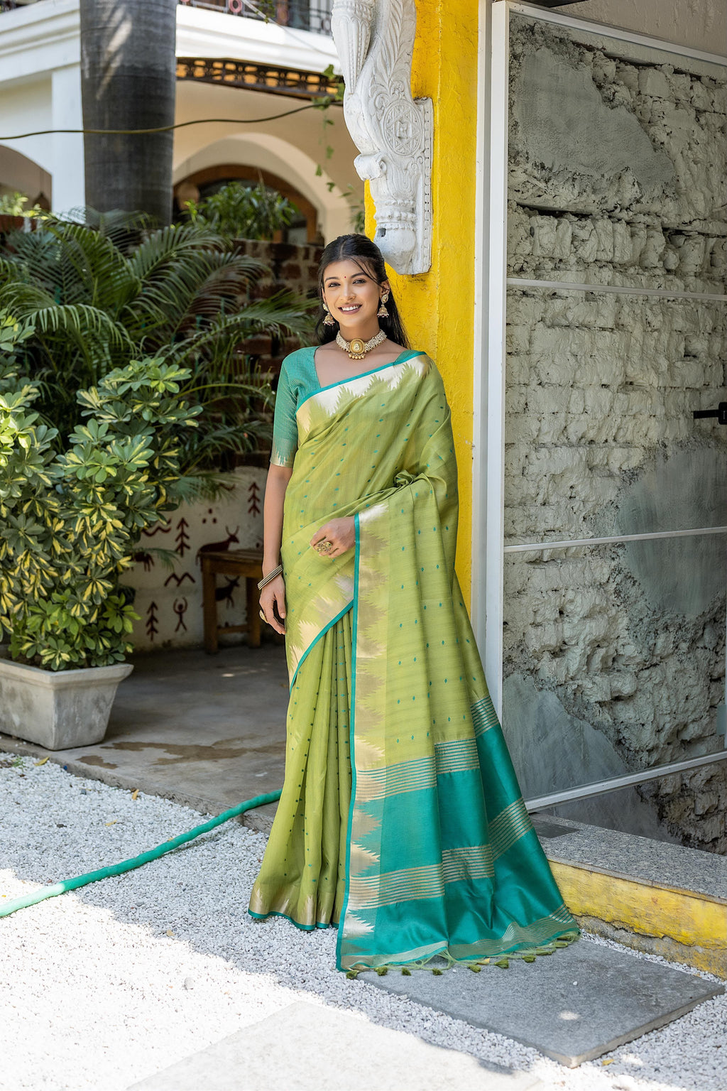 Elisha Pyramid Semi Tussar Silk Saree with Temple Border