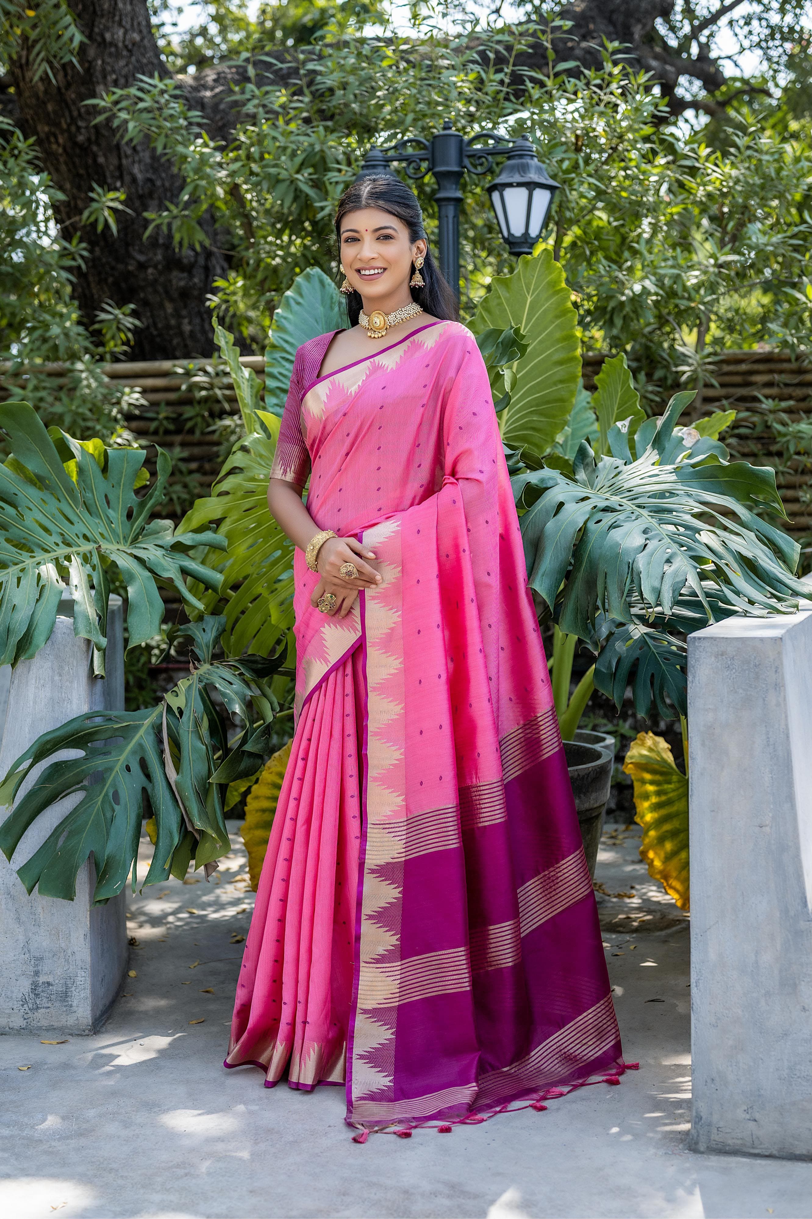 Elisha Pyramid Semi Tussar Silk Saree with Temple Border