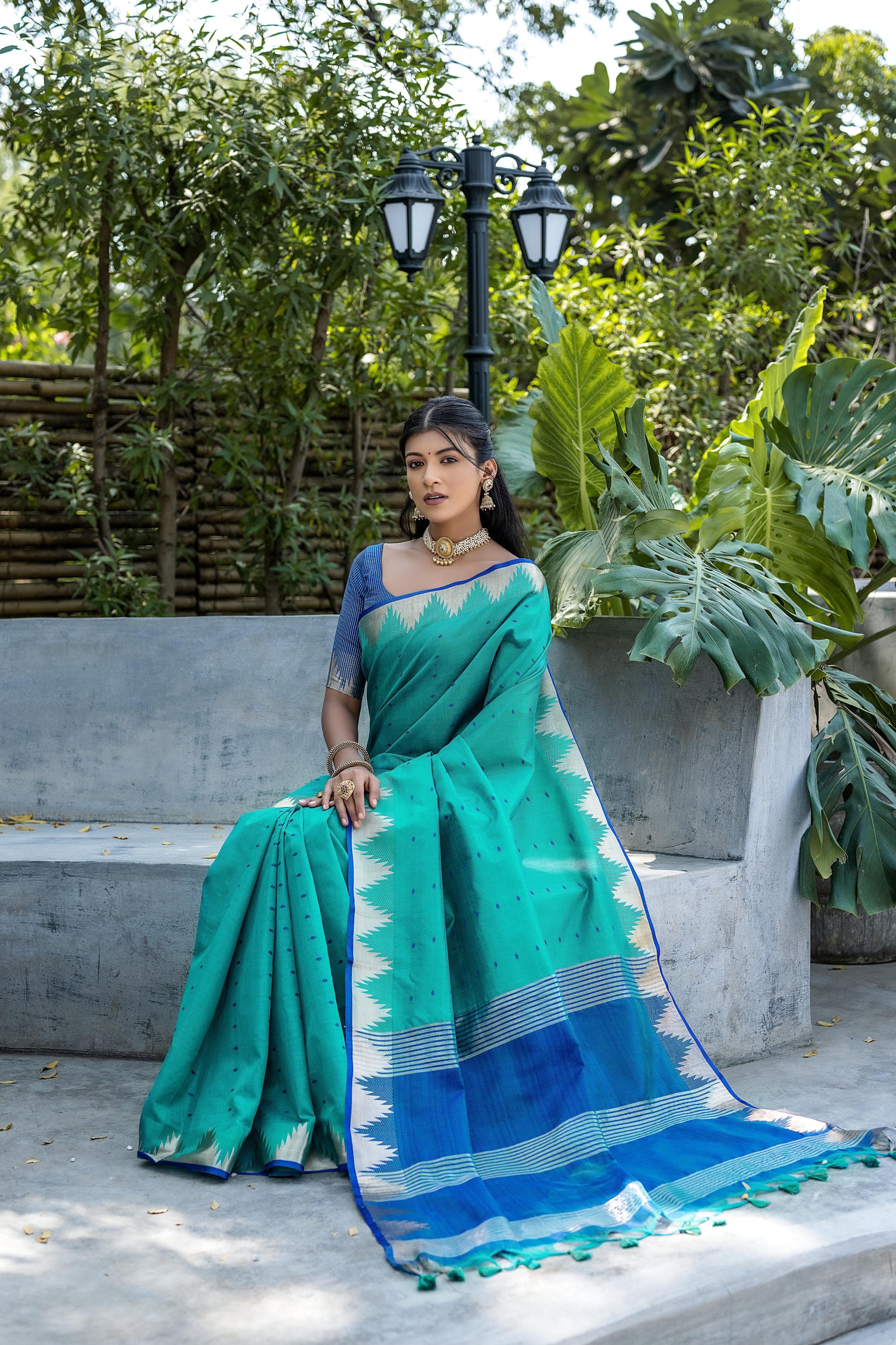 Elisha Pyramid Semi Tussar Silk Saree with Temple Border