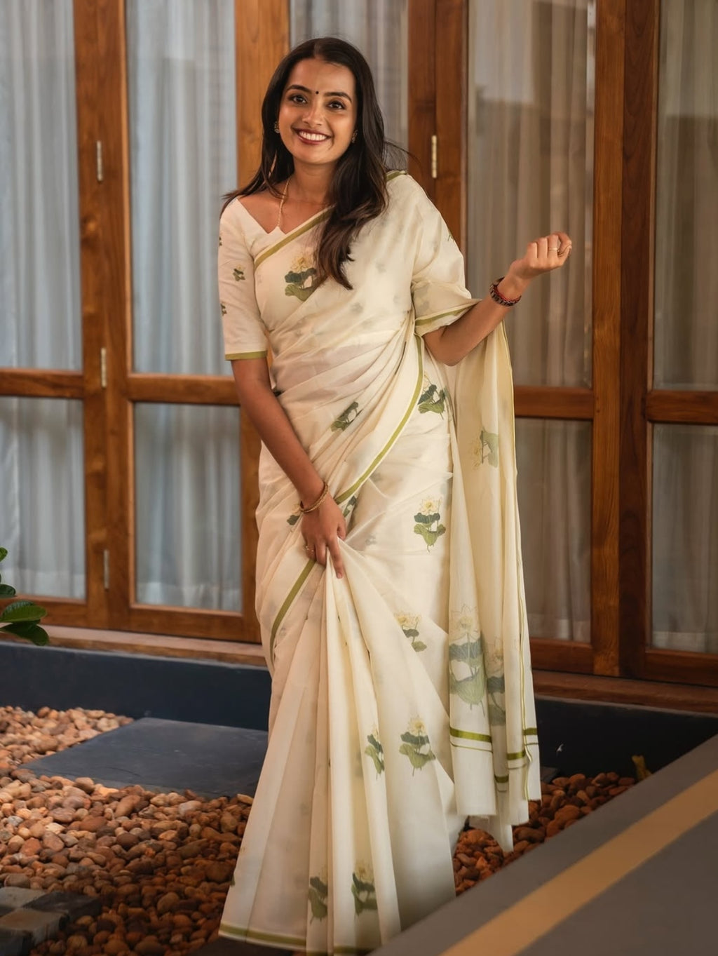Plain Linen Saree with Digital Print Matching Blouse