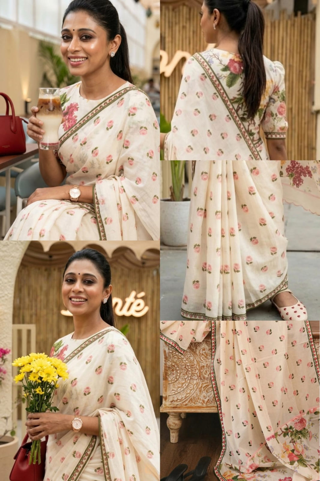Plain Linen Saree with Digital Print Matching Blouse