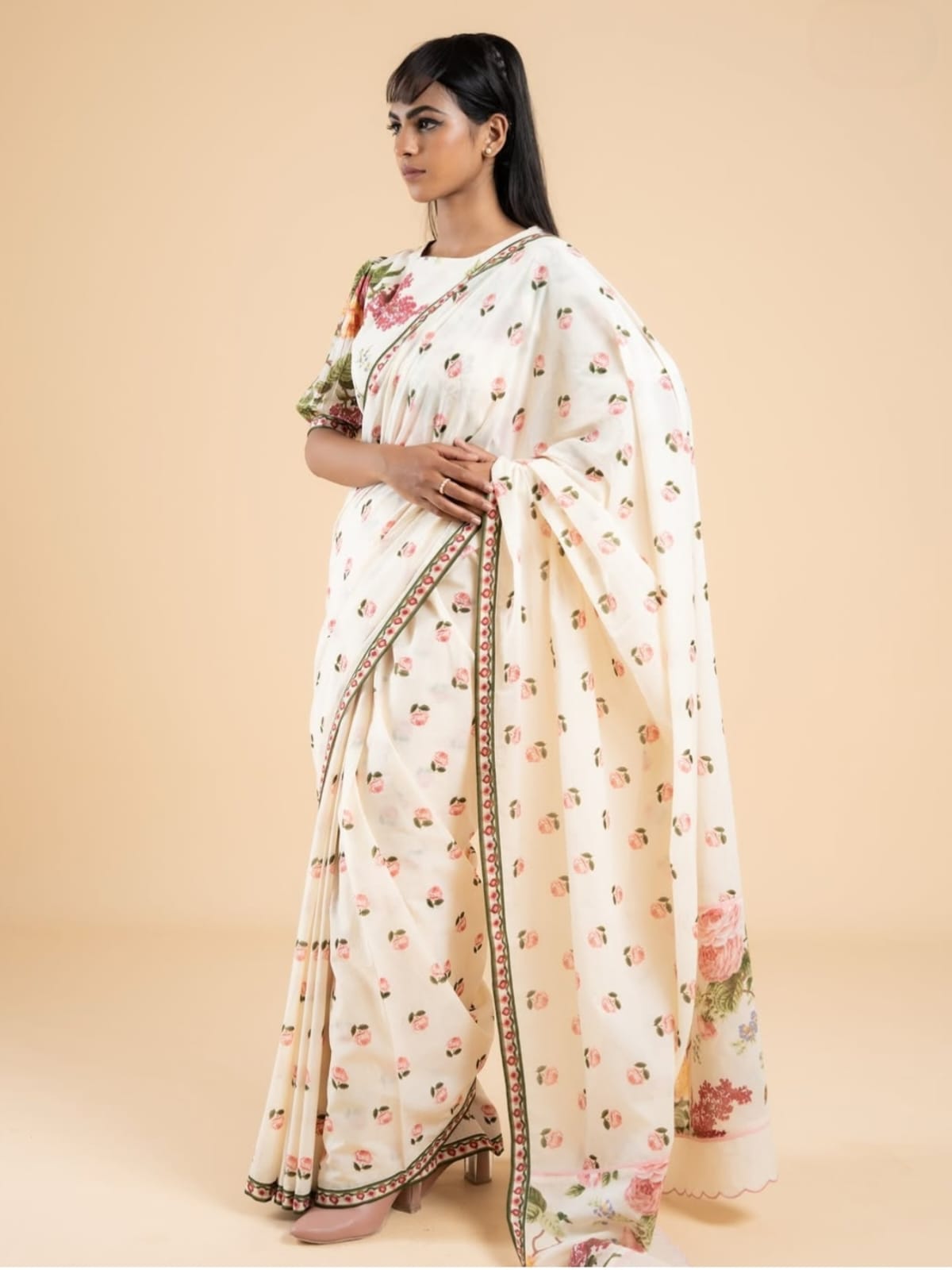 Plain Linen Saree with Digital Print Matching Blouse