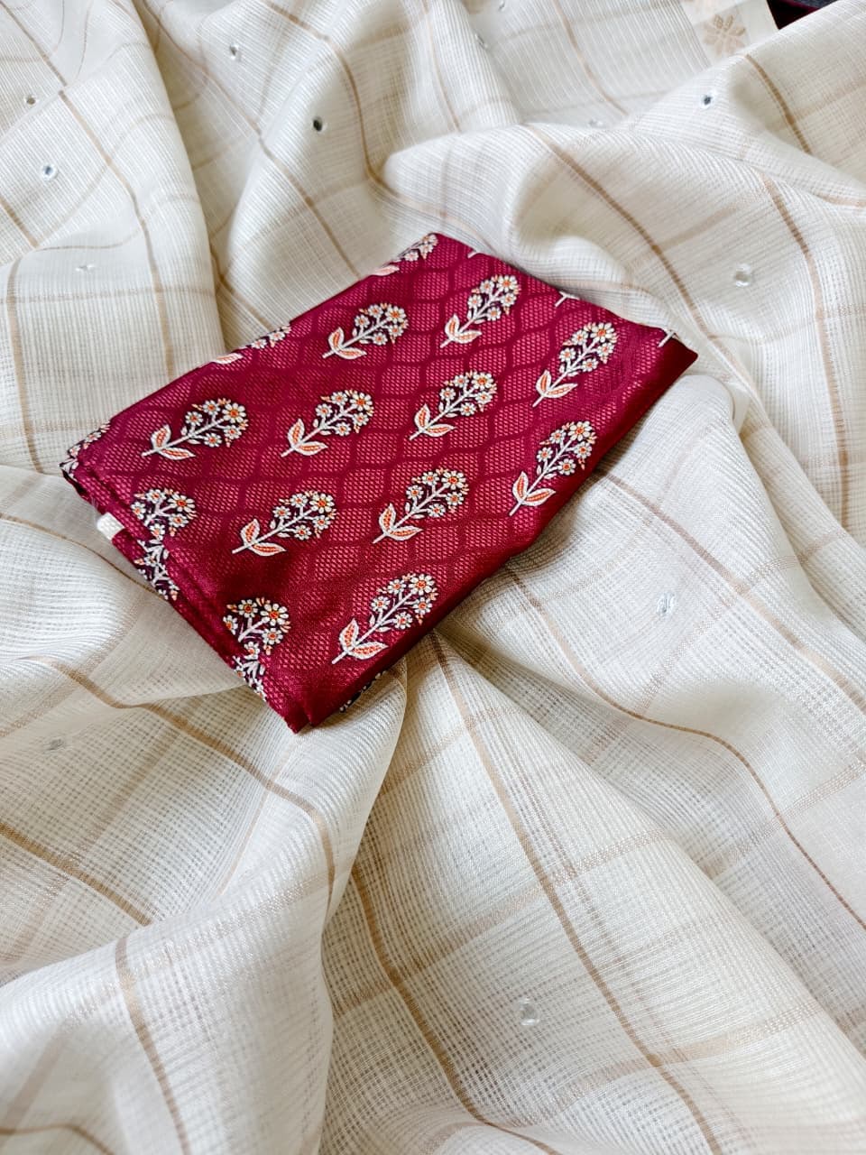 Pure Kota Saree with Gold Zari Border & Ajrakh Blouse