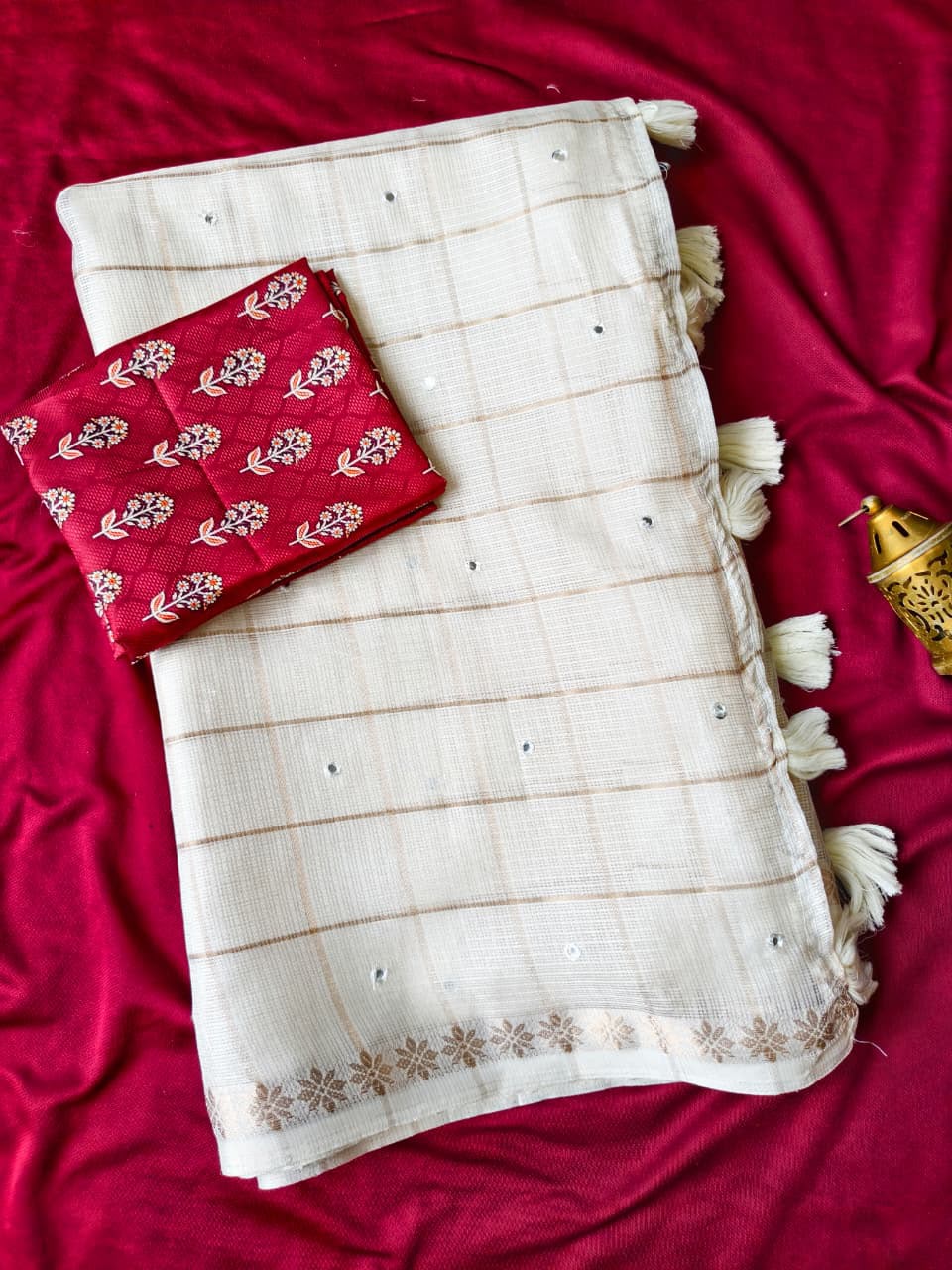 Pure Kota Saree with Gold Zari Border & Ajrakh Blouse