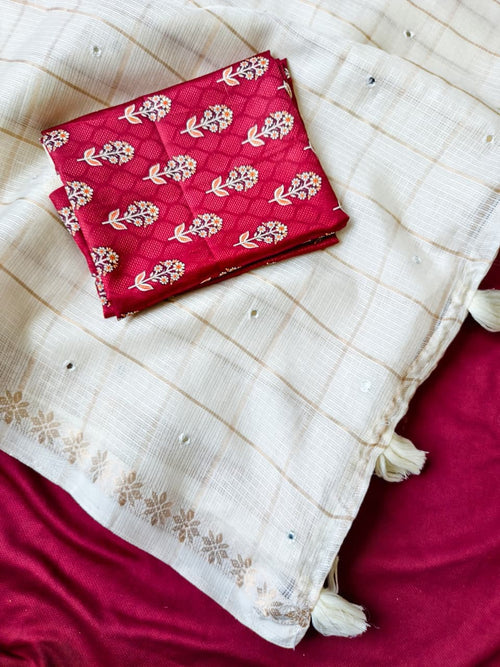 Pure Kota Saree with Gold Zari Border & Ajrakh Blouse