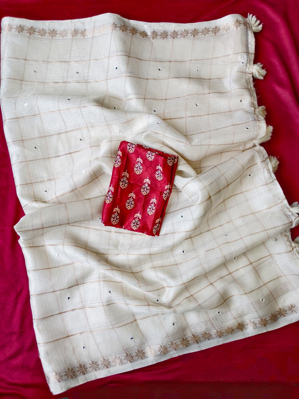 Pure Kota Saree with Gold Zari Border & Ajrakh Blouse