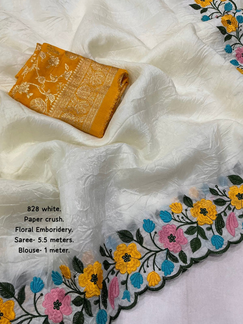 White Paper Crush Embroidery Saree with Banarasi Silk Blouse