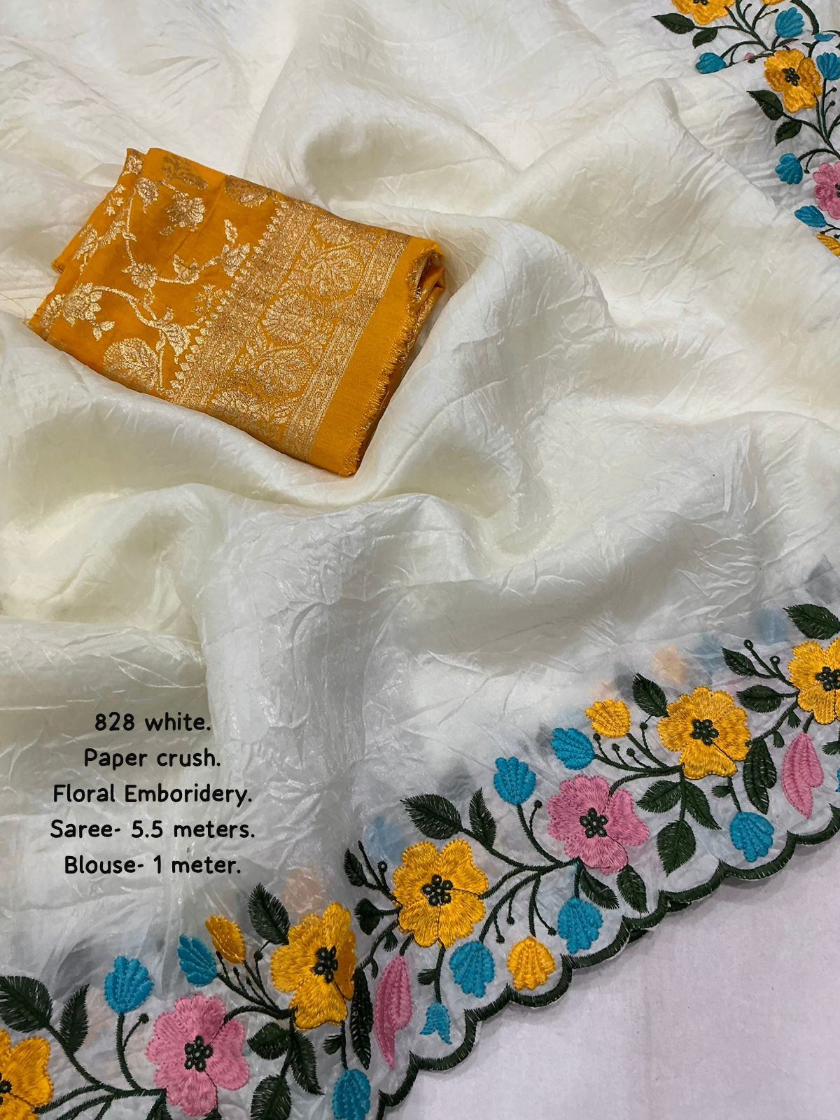 White Paper Crush Embroidery Saree with Banarasi Silk Blouse