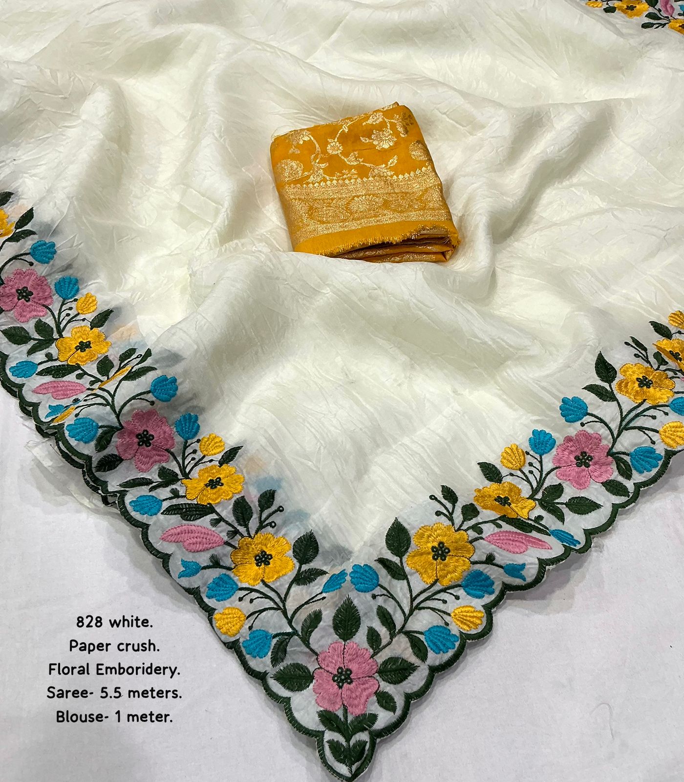 White Paper Crush Embroidery Saree with Banarasi Silk Blouse