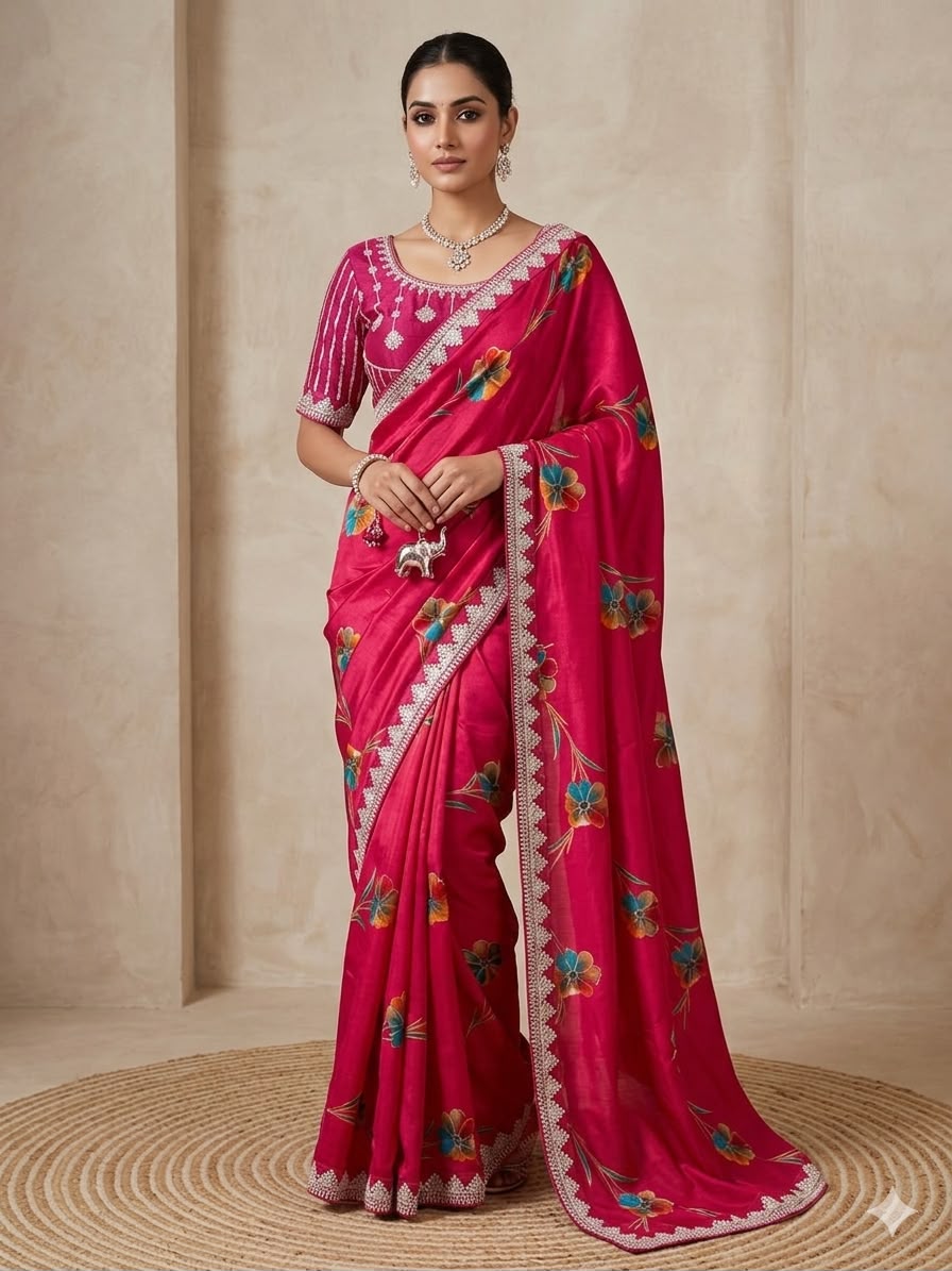 Premium Silk Printed Saree with Heavy Embroidered Border & Stitched Blouse