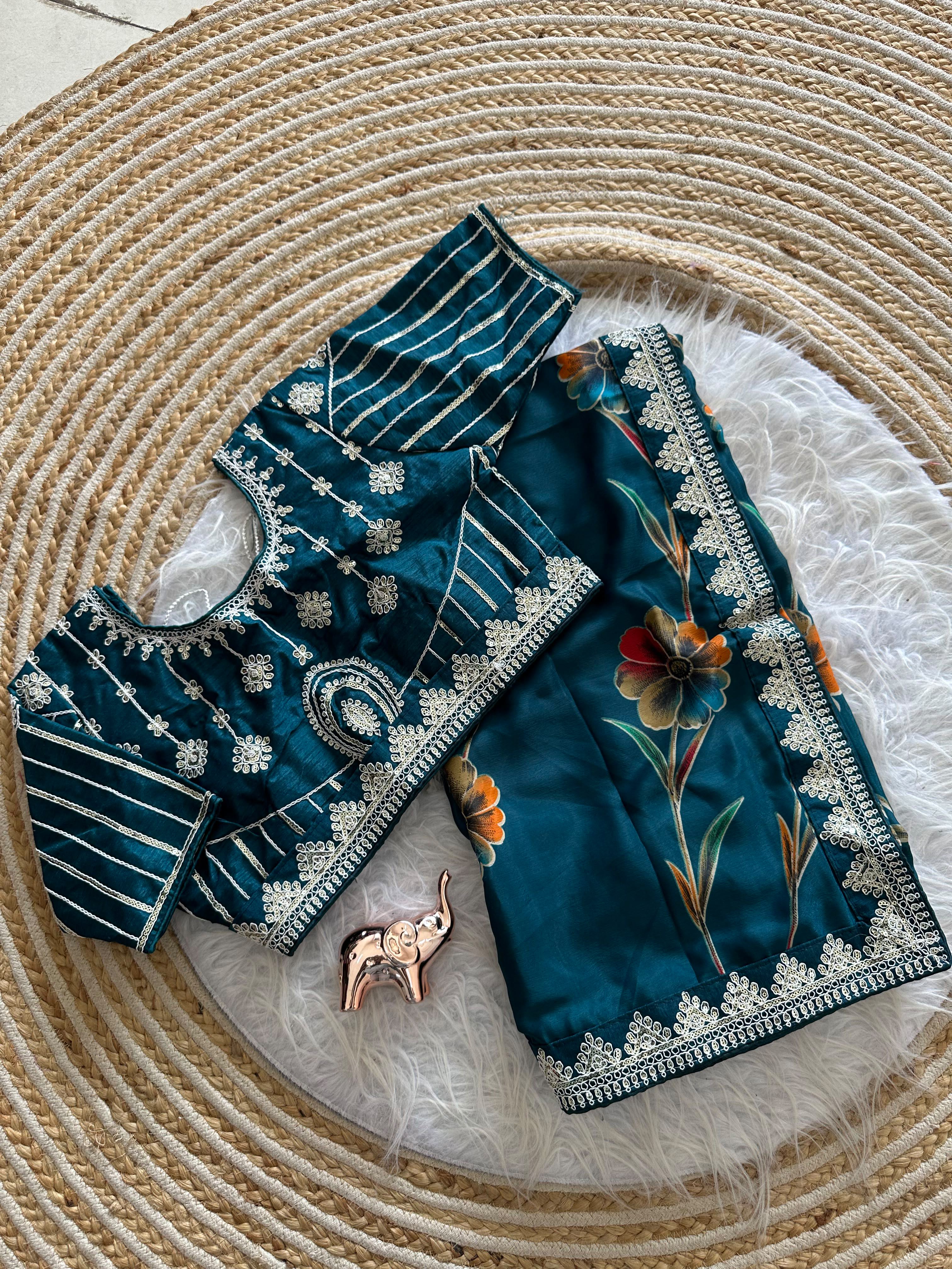 Premium Silk Printed Saree with Heavy Embroidered Border & Stitched Blouse