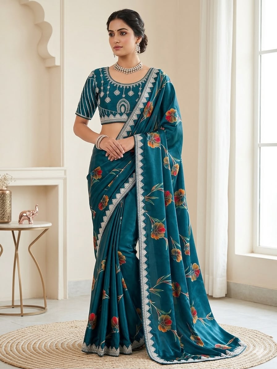 Premium Silk Printed Saree with Heavy Embroidered Border & Stitched Blouse