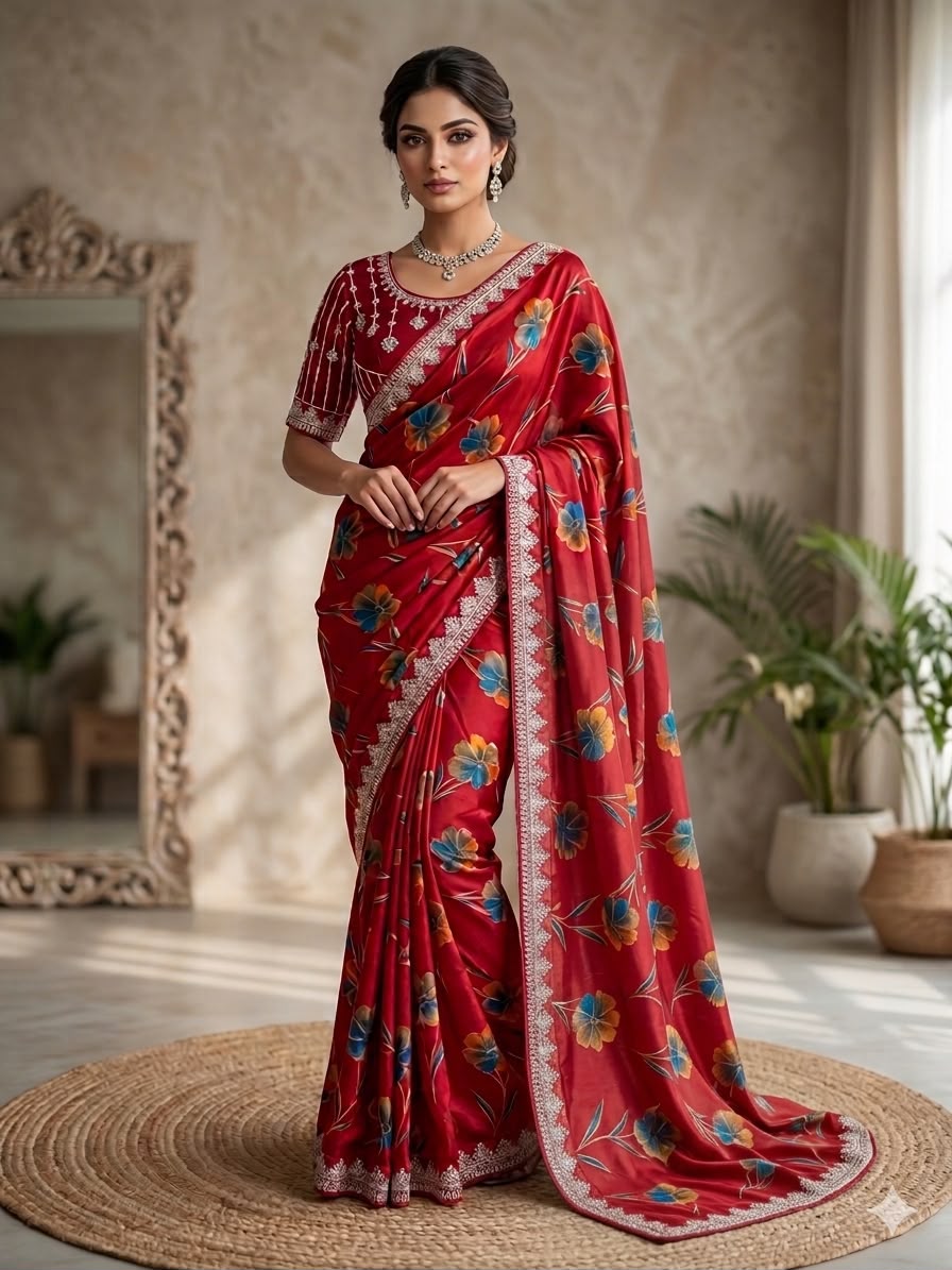 Premium Silk Printed Saree with Heavy Embroidered Border & Stitched Blouse