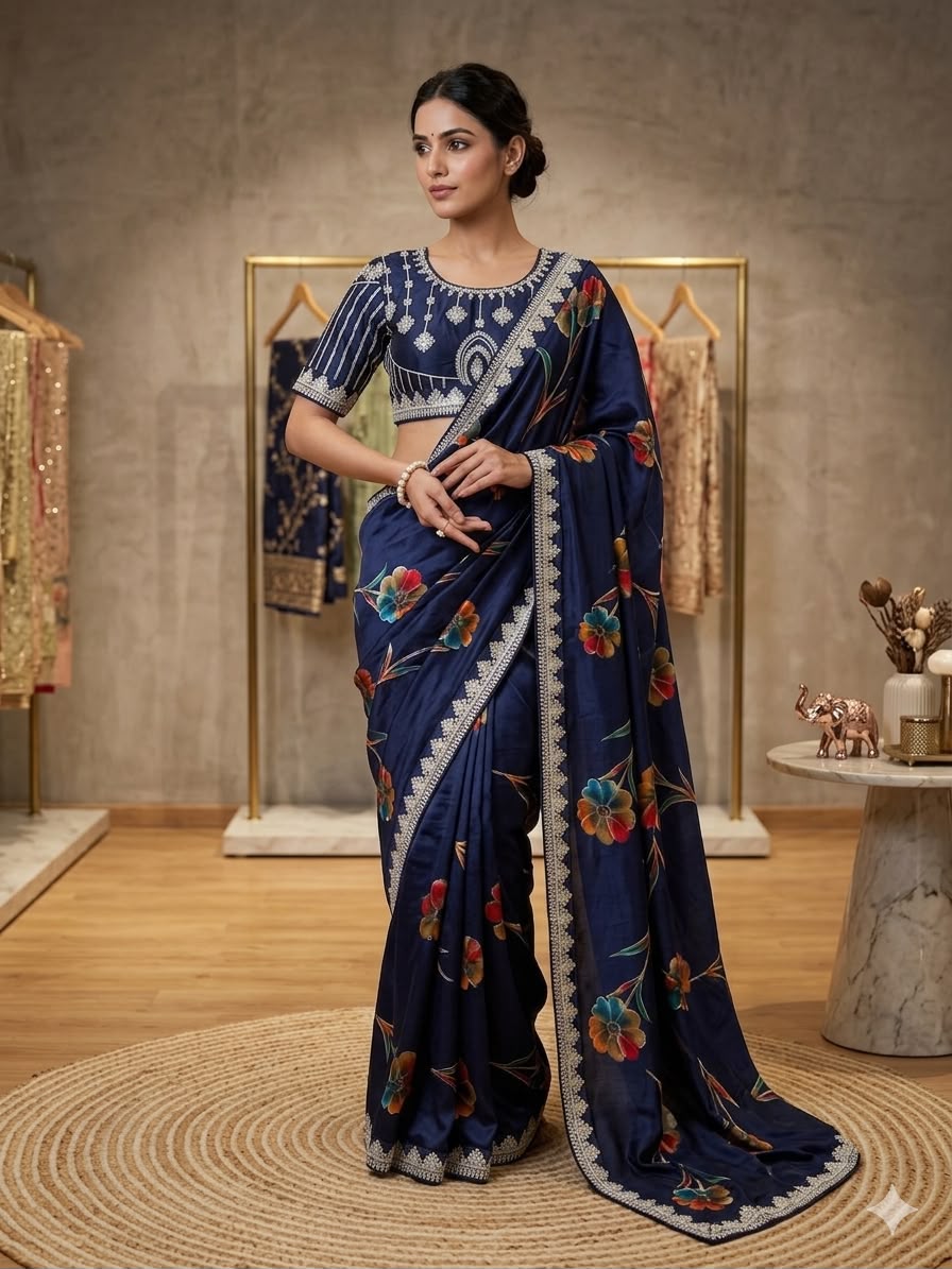Premium Silk Printed Saree with Heavy Embroidered Border & Stitched Blouse