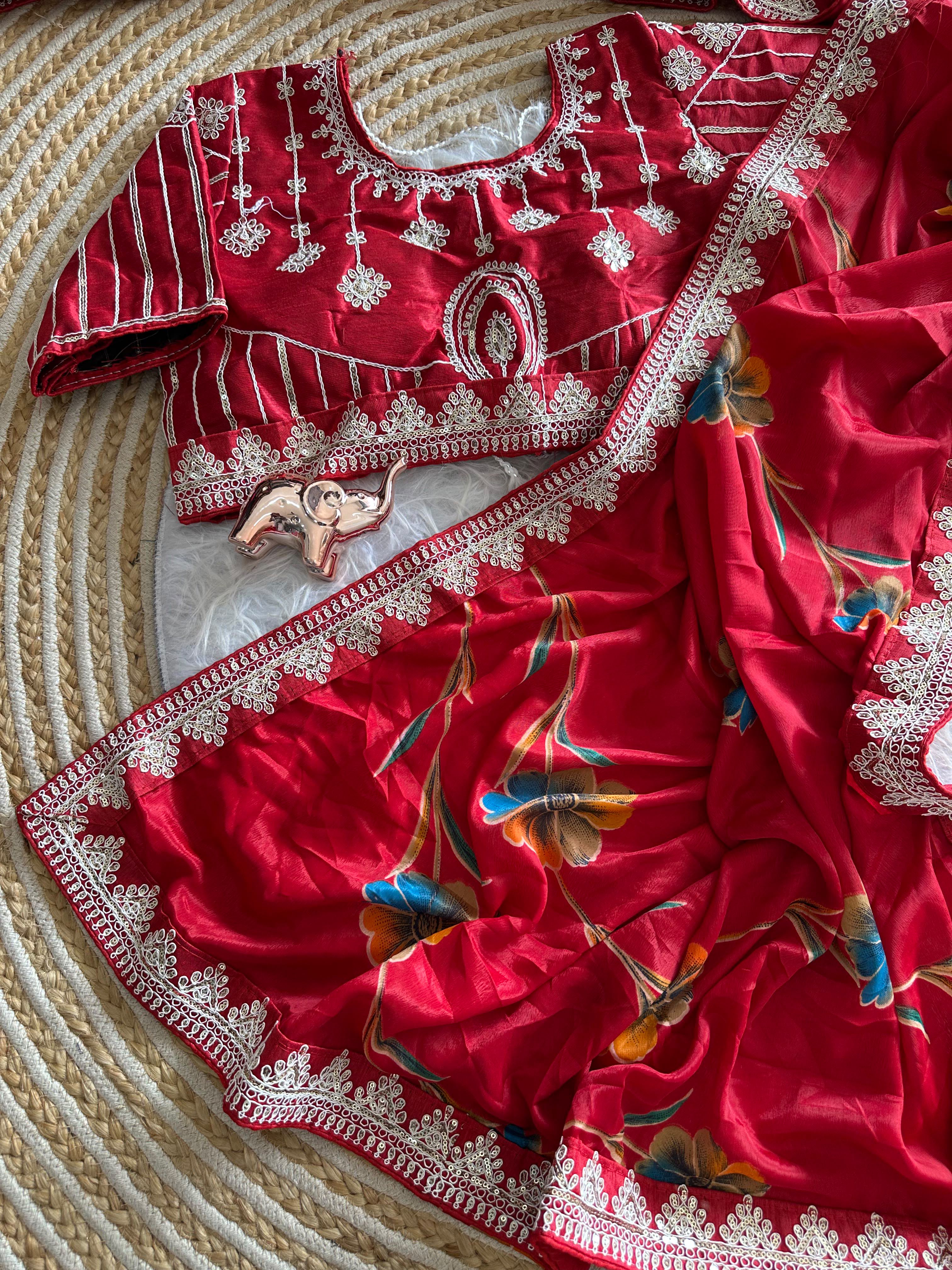 Premium Silk Printed Saree with Heavy Embroidered Border & Stitched Blouse