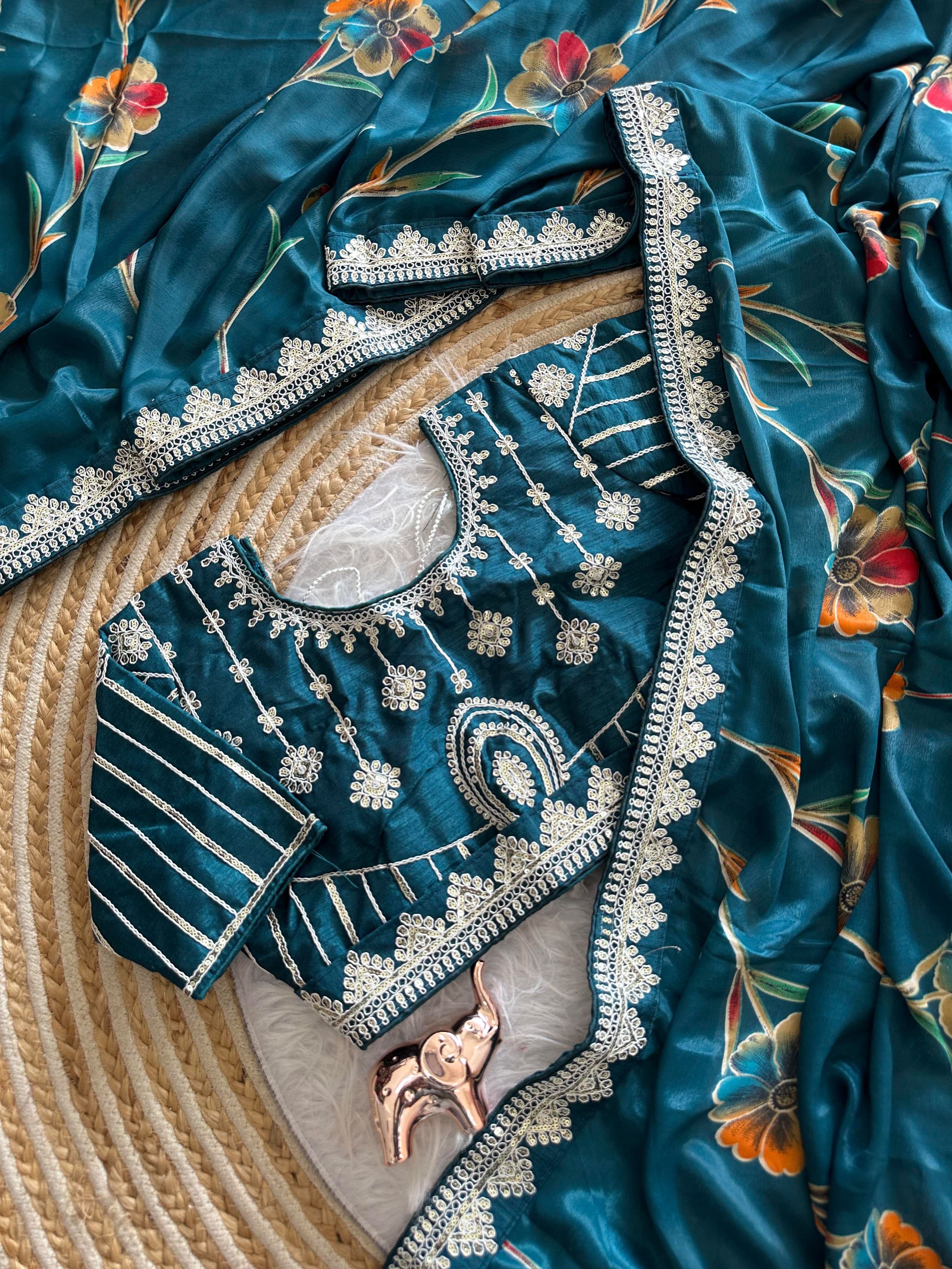 Premium Silk Printed Saree with Heavy Embroidered Border & Stitched Blouse