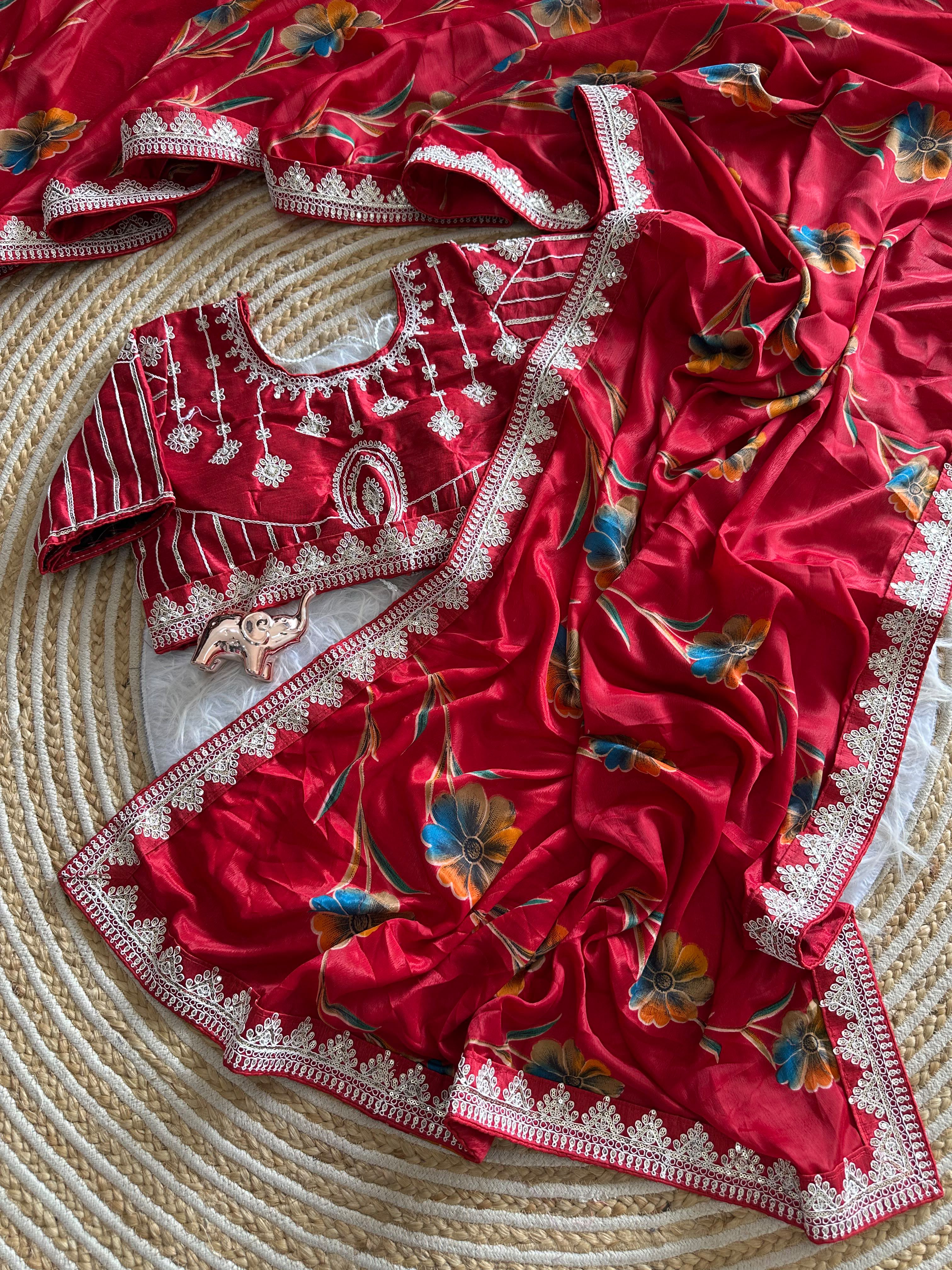 Premium Silk Printed Saree with Heavy Embroidered Border & Stitched Blouse