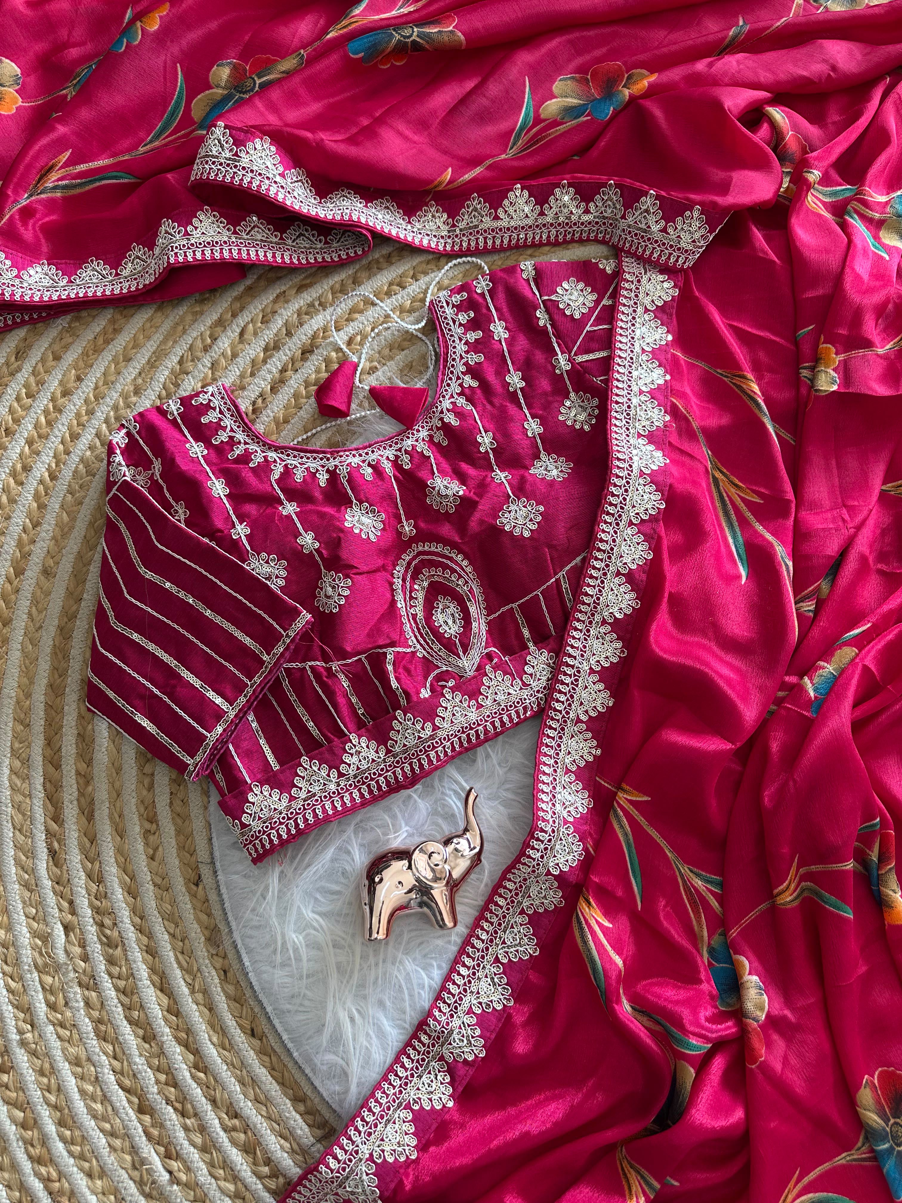Premium Silk Printed Saree with Heavy Embroidered Border & Stitched Blouse