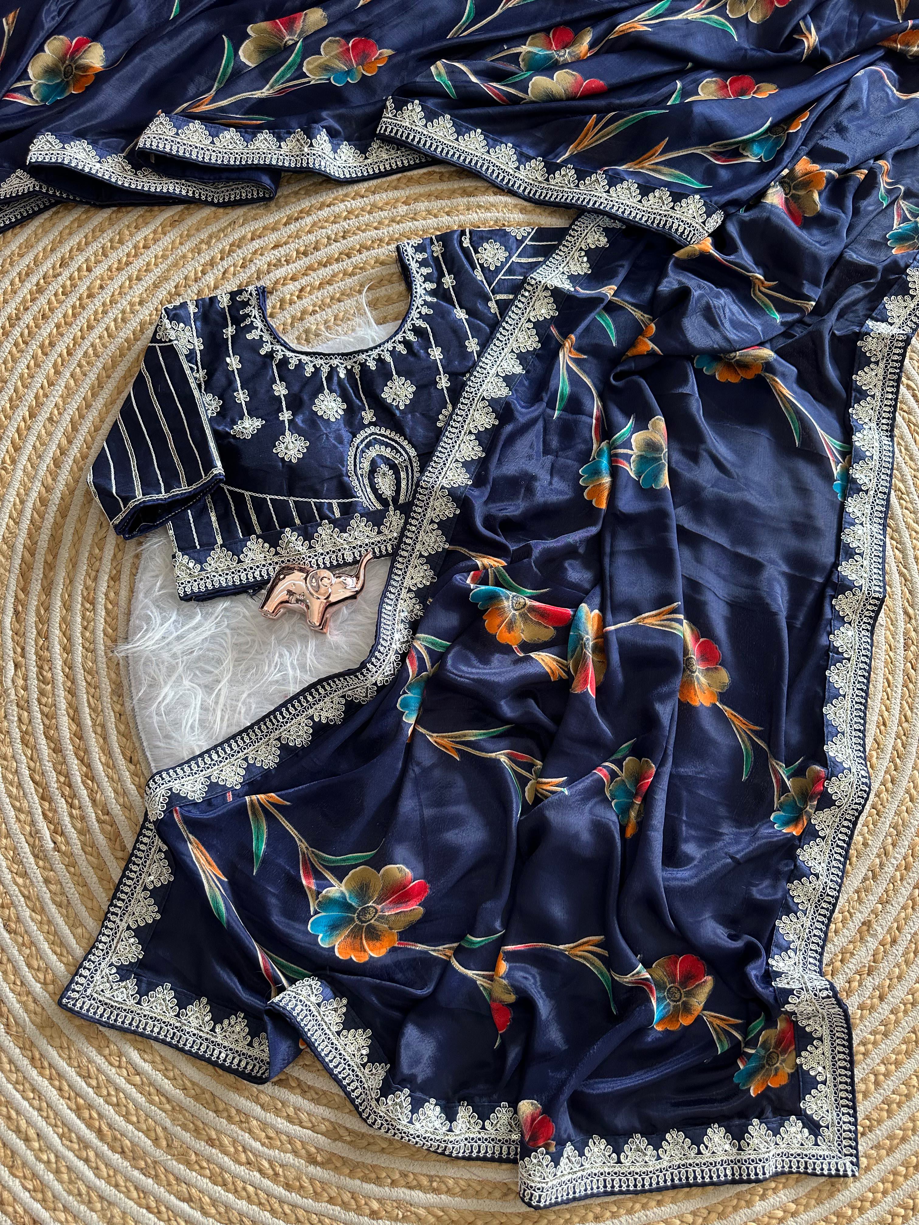 Premium Silk Printed Saree with Heavy Embroidered Border & Stitched Blouse