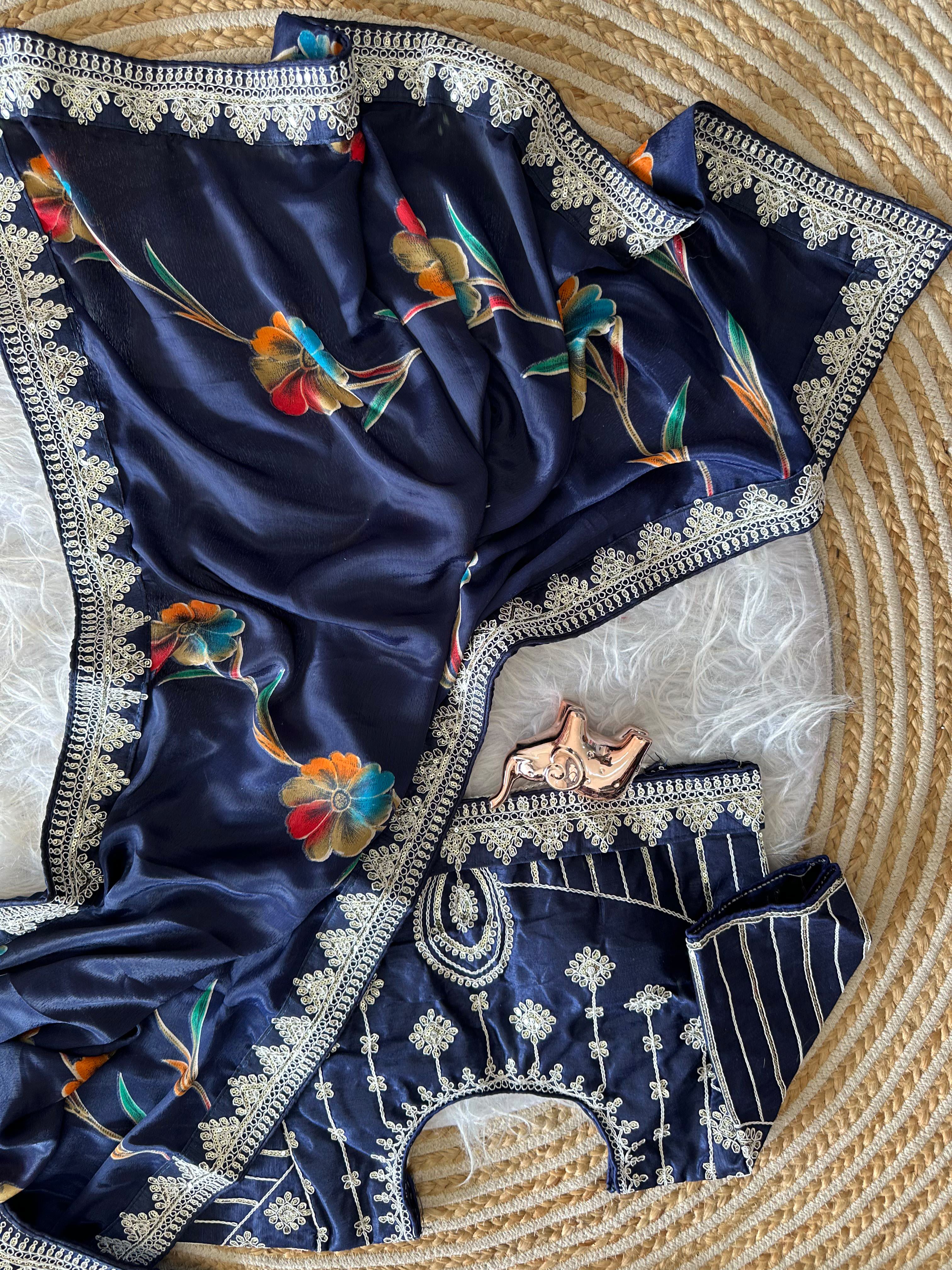 Premium Silk Printed Saree with Heavy Embroidered Border & Stitched Blouse