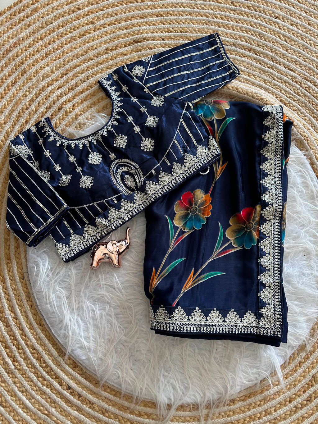 Premium Silk Printed Saree with Heavy Embroidered Border & Stitched Blouse