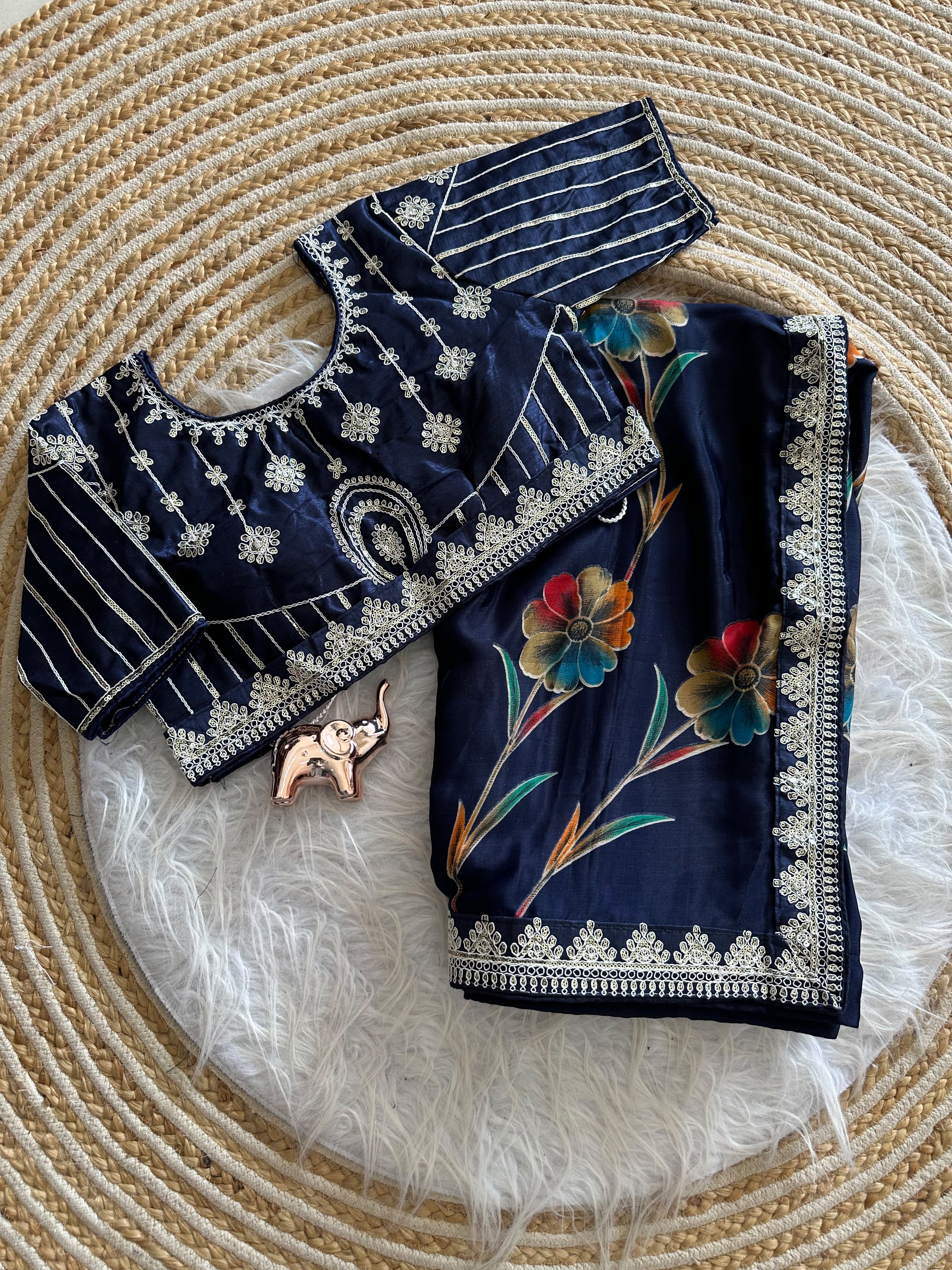 Premium Silk Printed Saree with Heavy Embroidered Border & Stitched Blouse