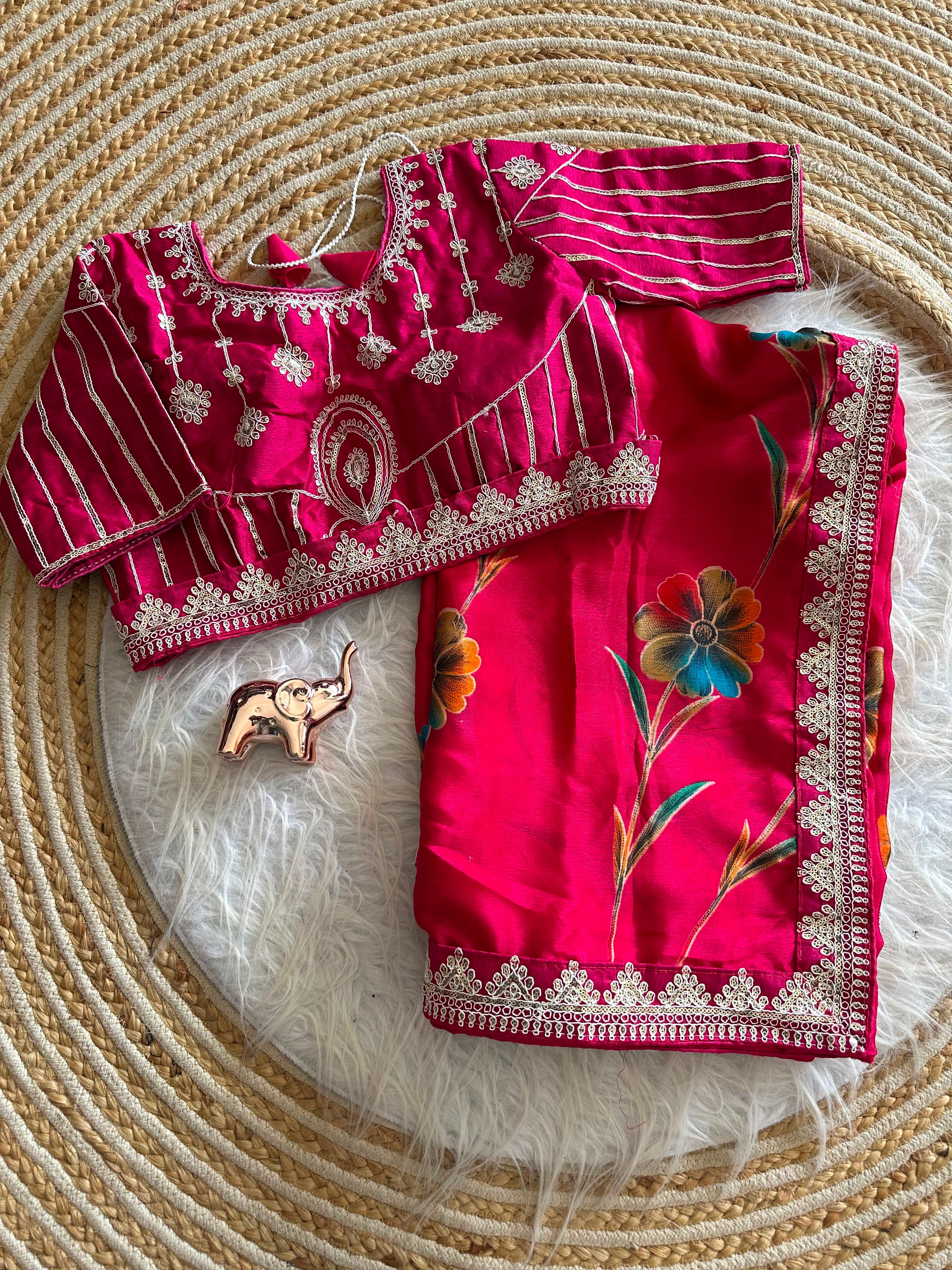 Premium Silk Printed Saree with Heavy Embroidered Border & Stitched Blouse